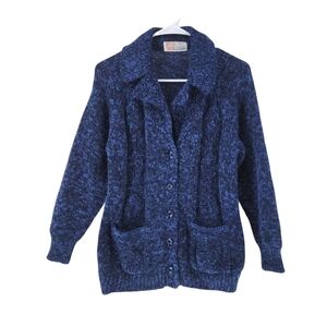 Cheung Kee Women's Vintage 100% Pure Wool Notched Collar Button Knit Sweater- L